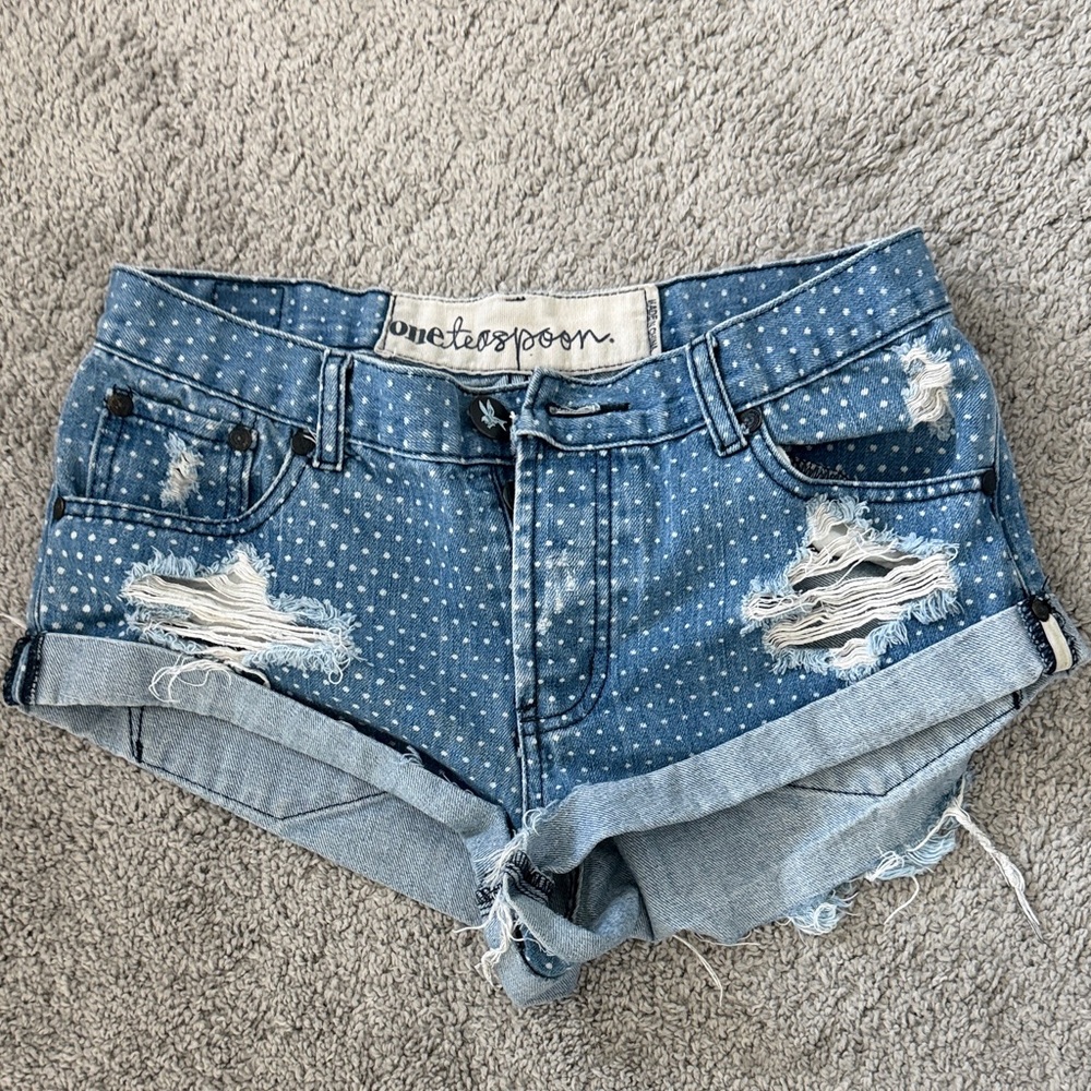 One Teaspoon Blue Polka Dot Distressed Denim Cutoff Shorts